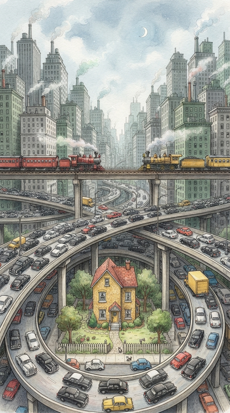 A City With A Lot Of Cars And A Train - Vintage illustration of a city with a lot of cars and a train. by Juan Fernando Pacheco