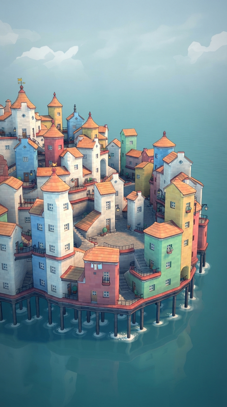 A Small Island With A Lot Of Houses 1 - Vintage illustration of a small island with a lot of houses, variation 1. by Juan Fernando Pacheco