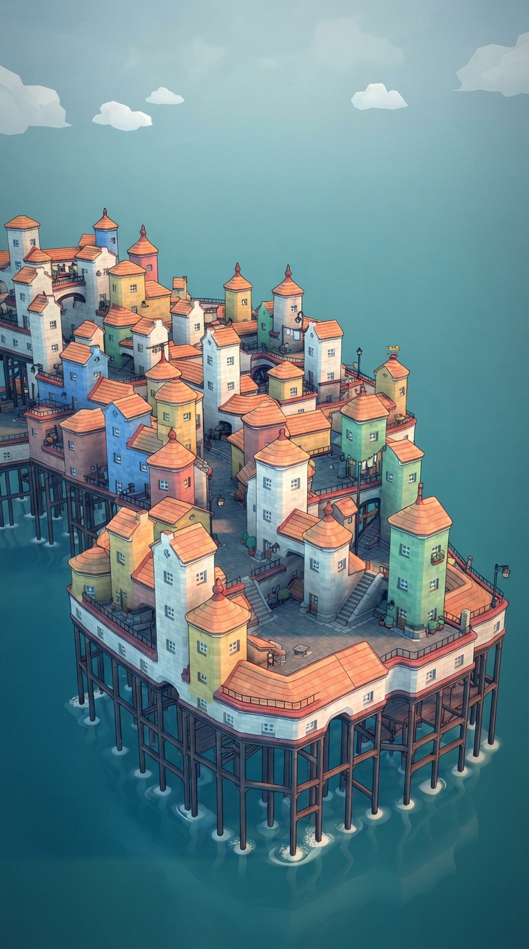 A Small Island With Many Houses In The Middle 1 - Vintage illustration of a small island with many houses in the middle, variation 1. by Juan Fernando Pacheco