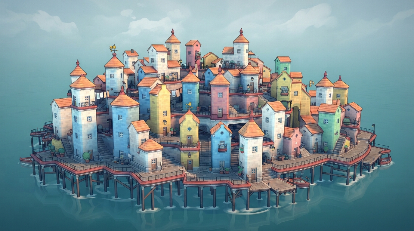 A Small Island With Many Houses On It 2 - Vintage illustration of a small island with many houses on it, variation 2. by Juan Fernando Pacheco