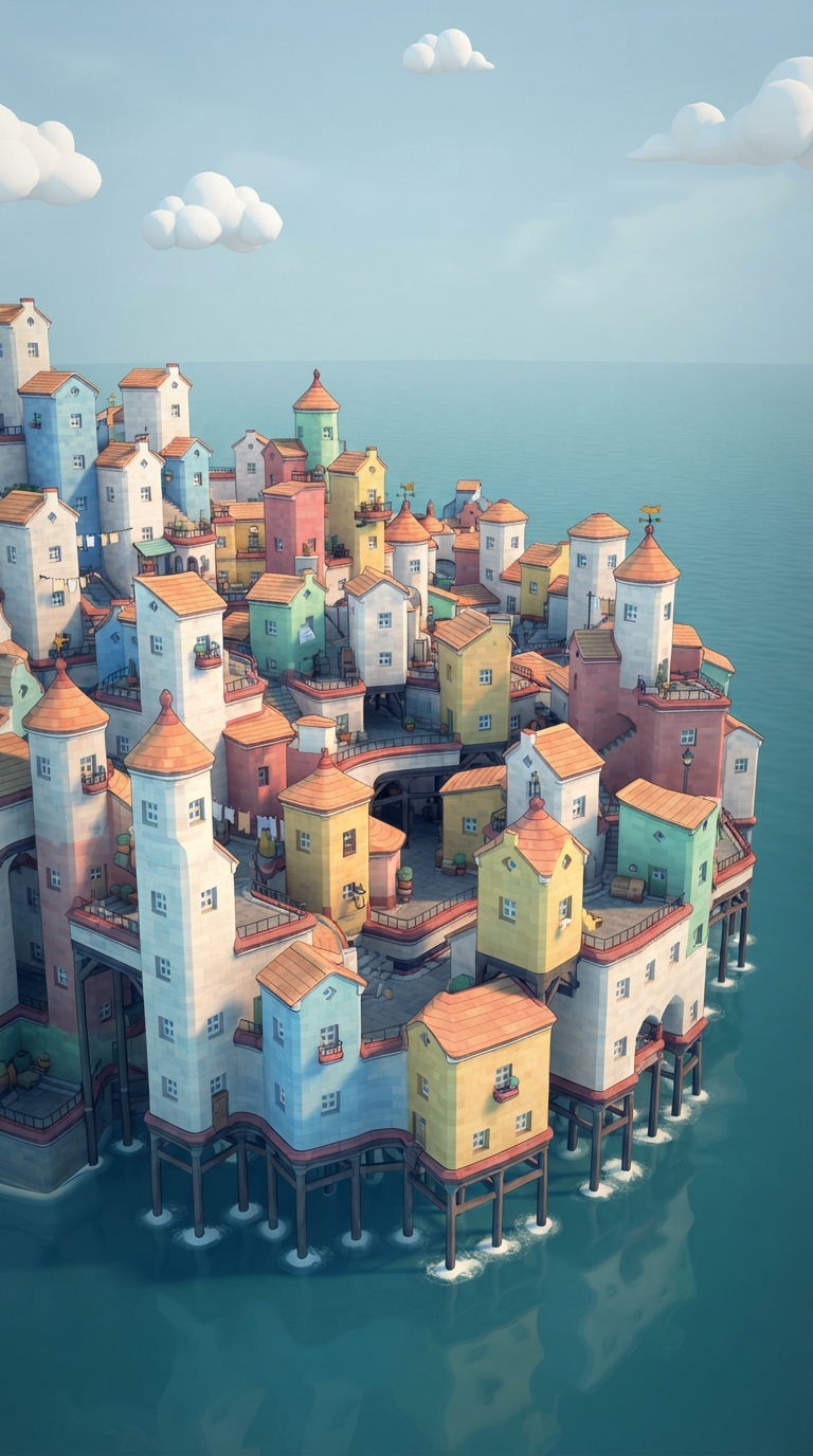 A Small Town In The Middle Of The Ocean - Vintage illustration of a small town in the middle of the ocean. by Juan Fernando Pacheco