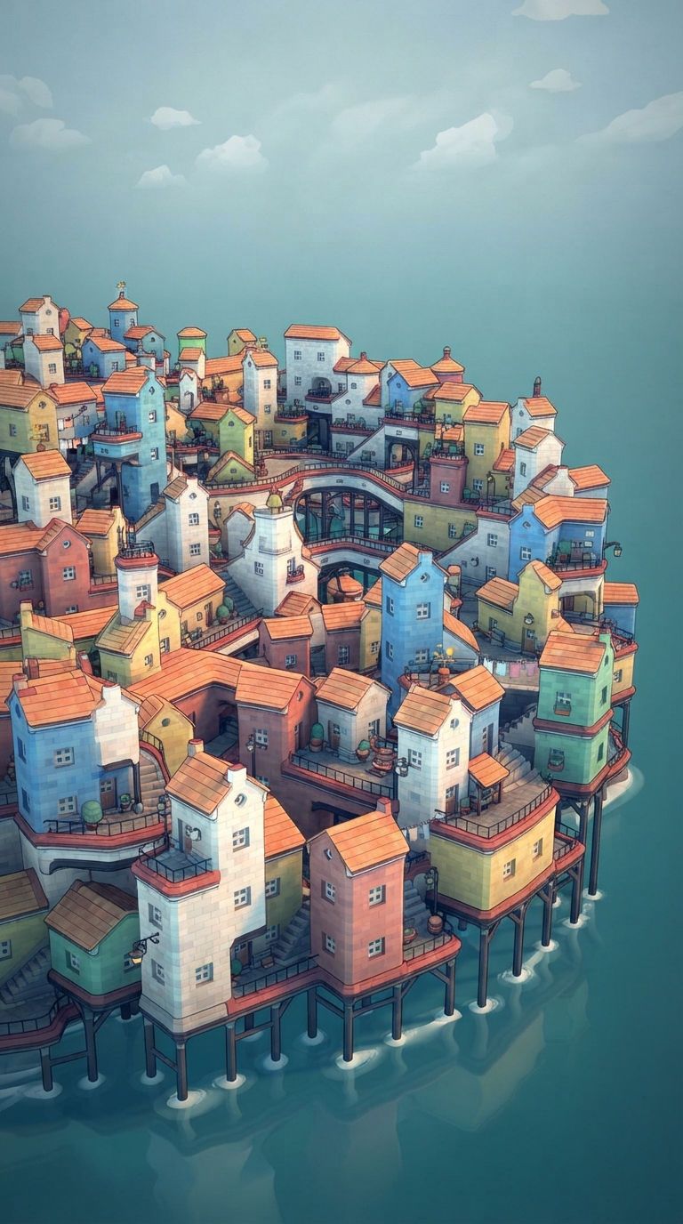 A Small Town With Many Houses On The Water - Vintage illustration of a small town with many houses on the water. by Juan Fernando Pacheco