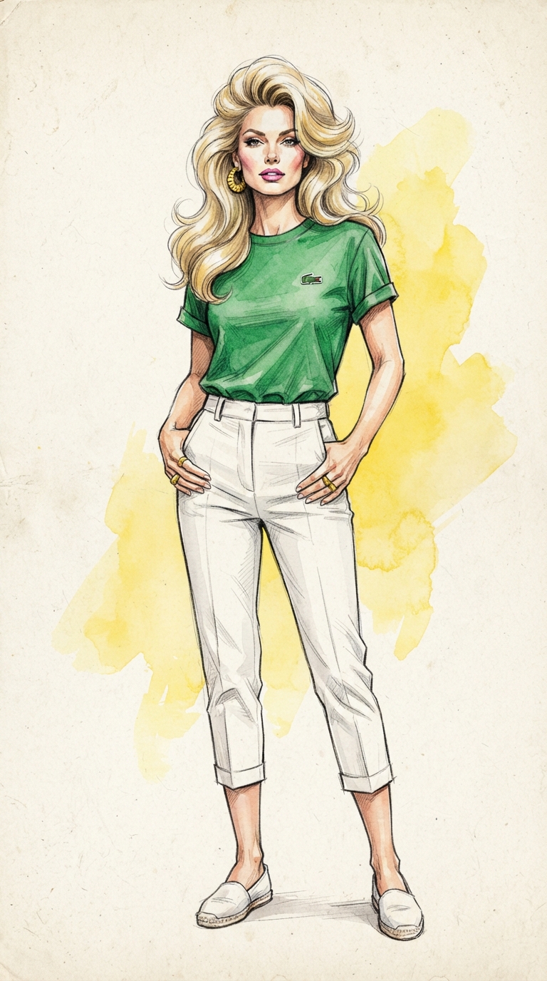 A Woman In A Green Shirt And White Pants - Vintage illustration of a woman in a green shirt and white pants. by Juan Fernando Pacheco