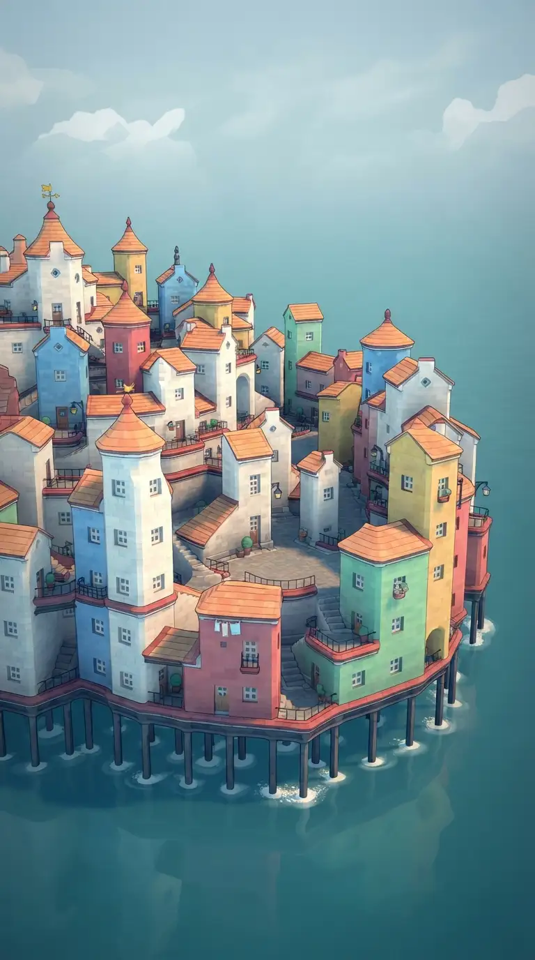 Vintage digital illustration of Small Island with a Lot of Houses 1, optimized for large-format wall art printing at 300 DPI