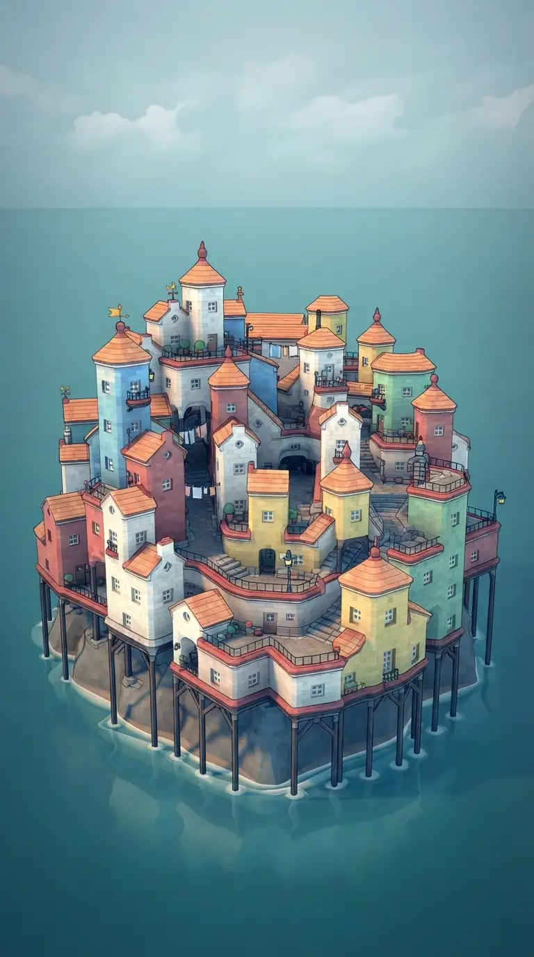 Vintage digital illustration of Small Island with a Lot of Houses, optimized for large-format wall art printing at 300 DPI