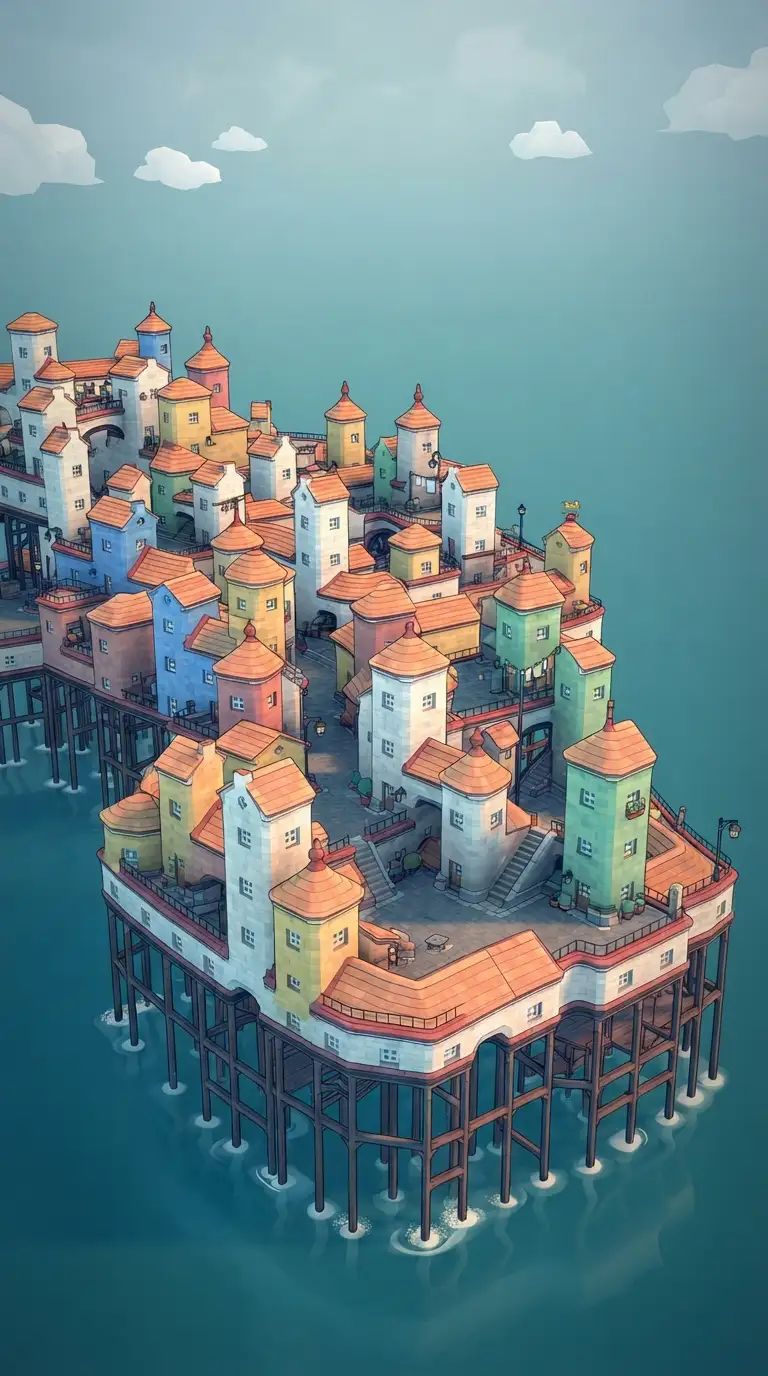 Vintage digital illustration of Small Island with Many Houses in the Middle 1, optimized for large-format wall art printing at 300 DPI