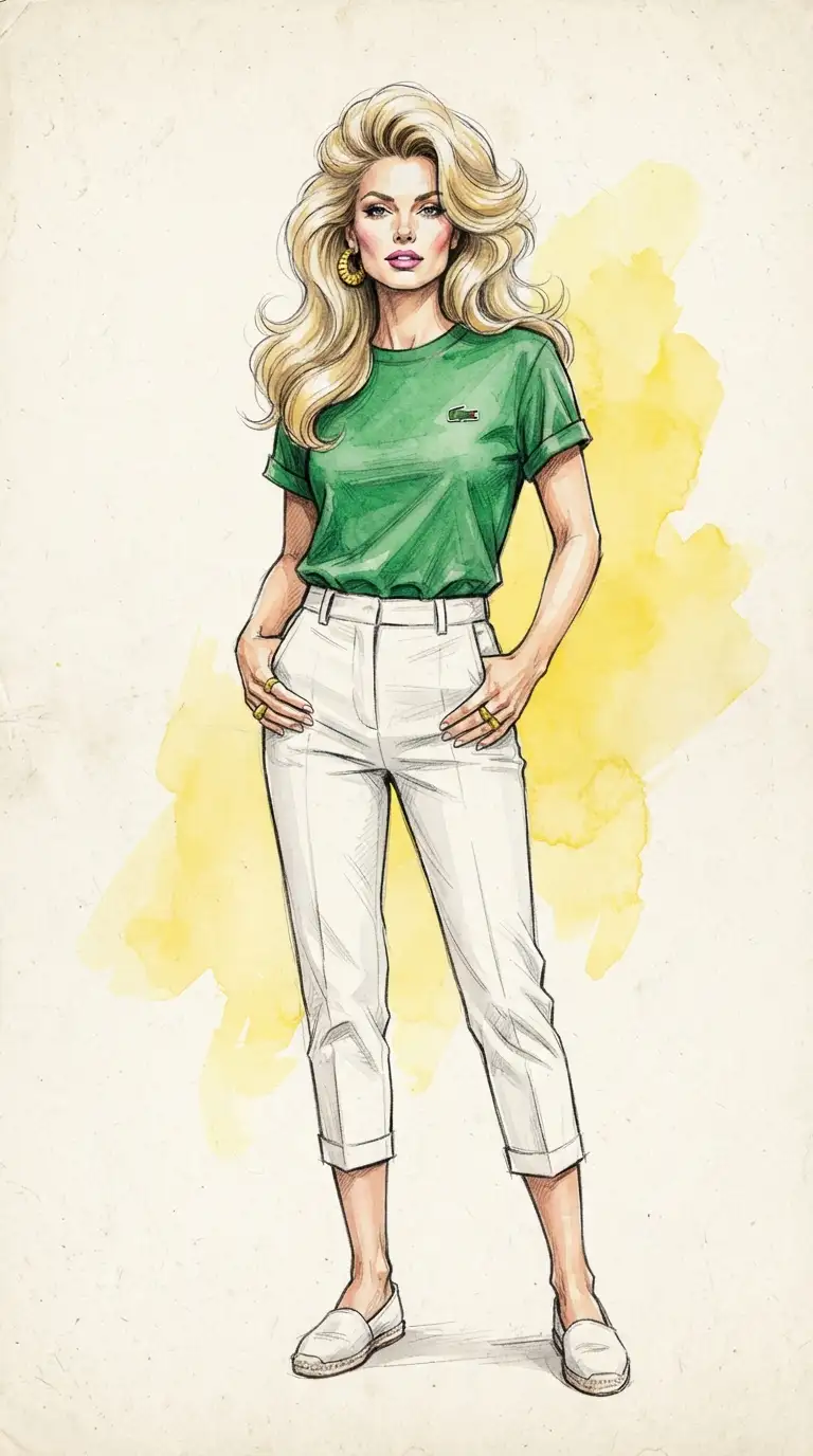 Vintage digital illustration of Woman in a Green Shirt and White Pants, optimized for large-format wall art printing at 300 DPI
