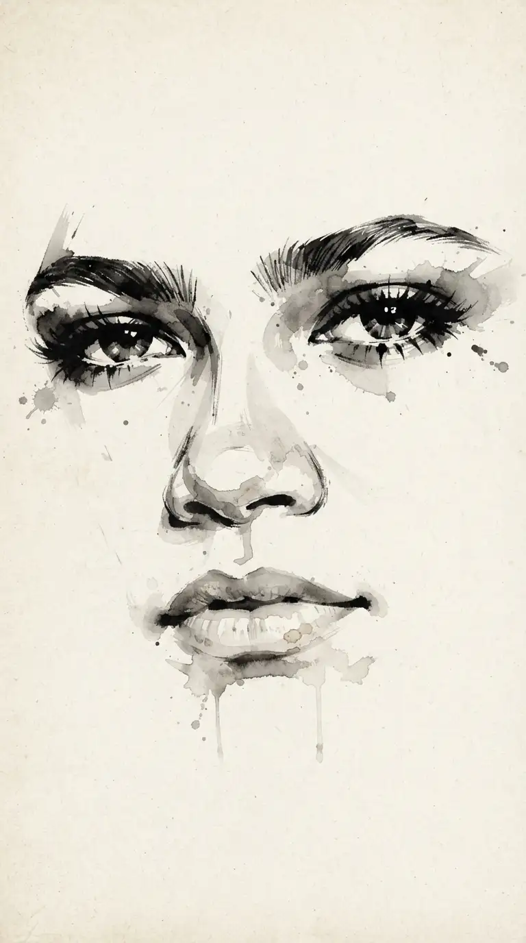 Vintage digital illustration of Woman's Face with a Black and White Background, optimized for large-format wall art printing at 300 DPI