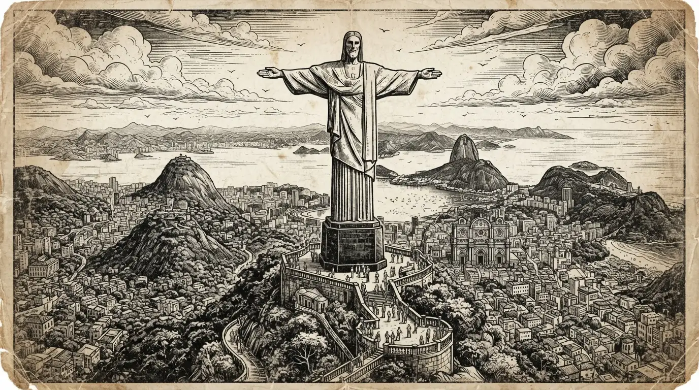 Vintage digital illustration of Christ the Redeemer (Cristo Redentor) in Rio de Janeiro, Brazil, formatted for large-format wall art printing