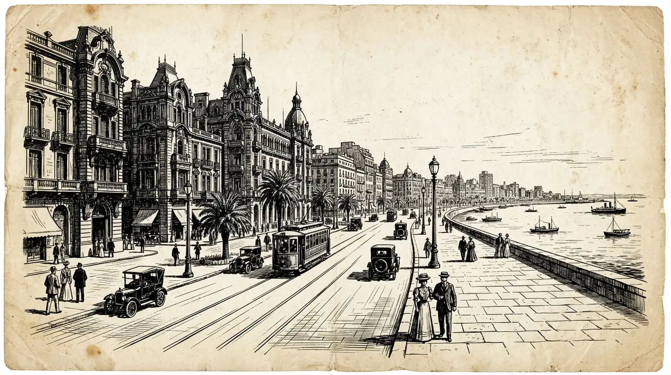 Vintage digital illustration of La Rambla Montevideo, Uruguay, optimized for large-format wall art printing at 300 DPI