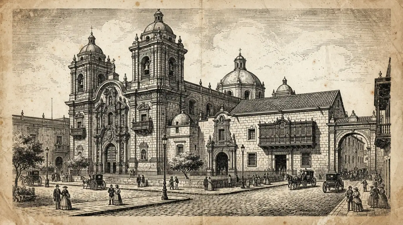 Vintage digital illustration of Monasterio San Francisco Catacumbas Lima, Peru, optimized for large-format wall art printing at 300 DPI