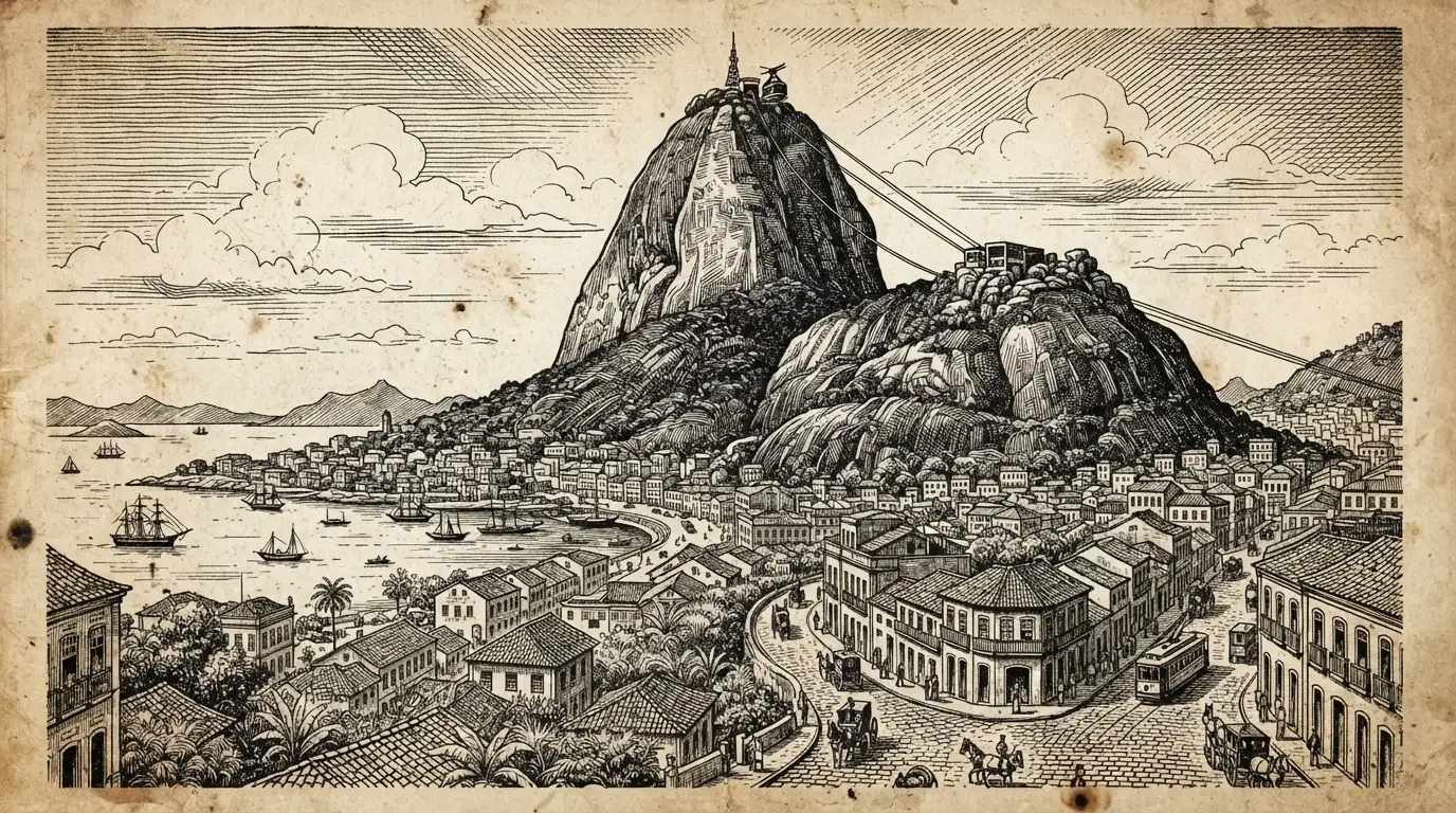 Vintage digital illustration of Pao de Acucar Rio de Janeiro, Brasil, optimized for large-format wall art printing at 300 DPI