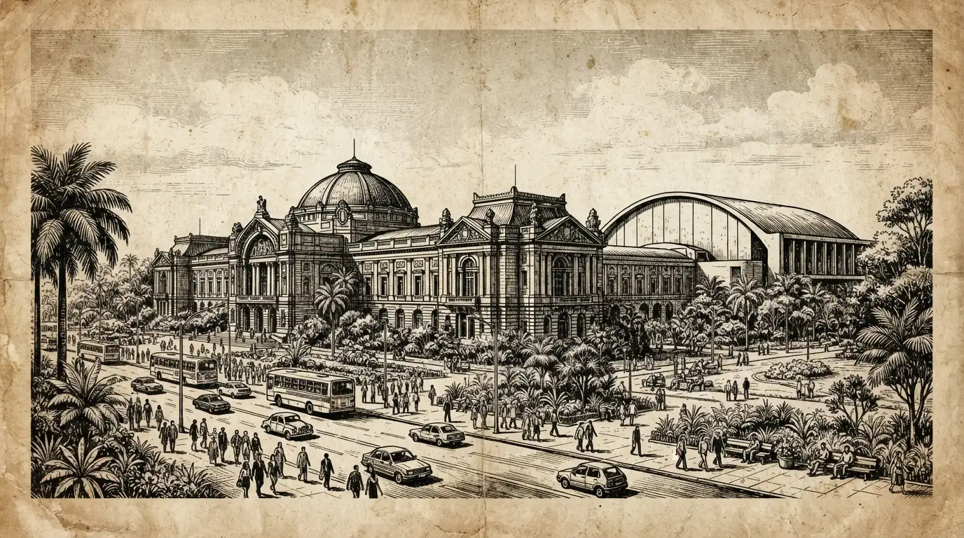 Vintage digital illustration of Parque Ibirapuera Sao Paulo, Brasil, optimized for large-format wall art printing at 300 DPI