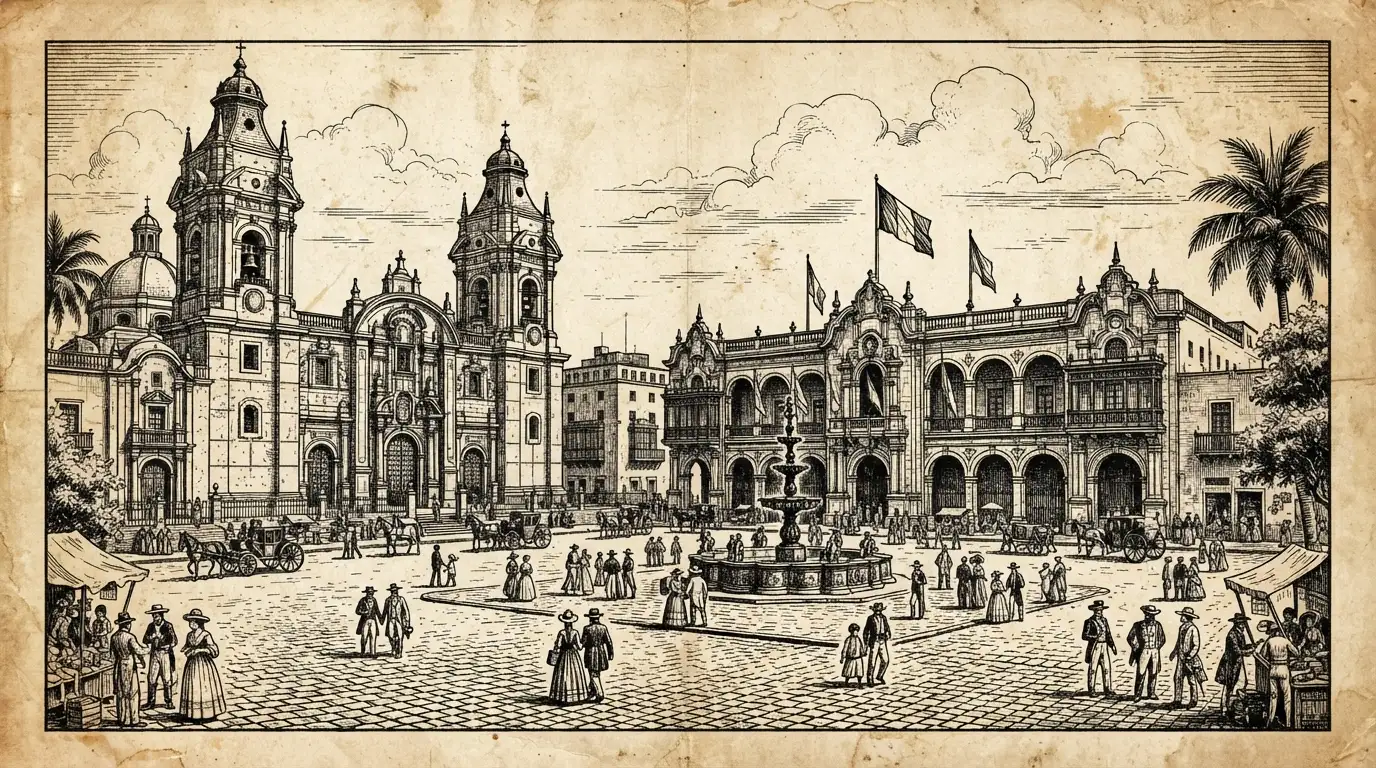 Vintage digital illustration of Plaza Mayor Lima, Peru, optimized for large-format wall art printing at 300 DPI