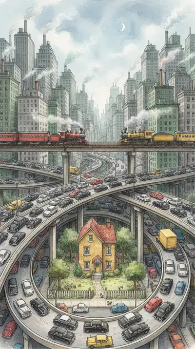 Vintage digital illustration of City with a Lot of Cars and a Train, optimized for large-format wall art printing at 300 DPI