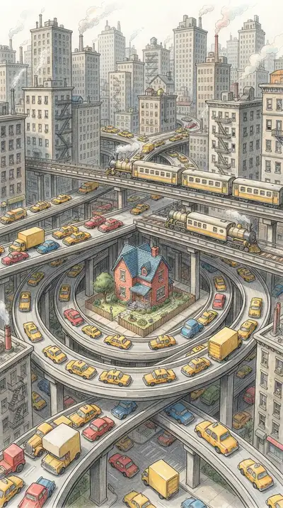 Vintage digital illustration of Drawing of a City with a Lot of Traffic, optimized for large-format wall art printing at 300 DPI