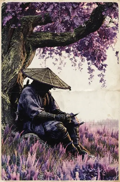 Vintage digital illustration of Man Sitting Under a Tree, optimized for large-format wall art printing at 300 DPI