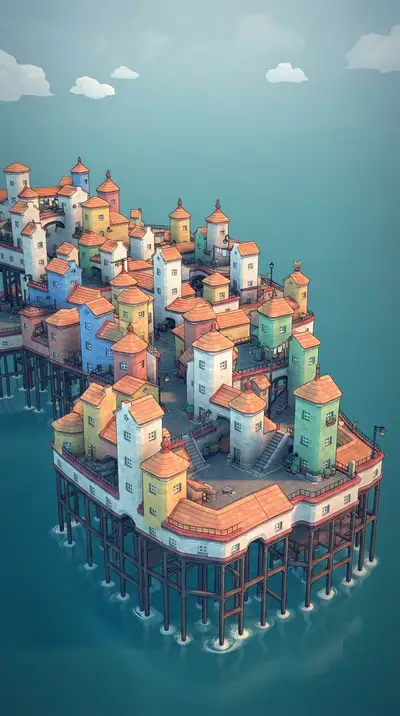 Vintage digital illustration of Small Island with Many Houses in the Middle 1, optimized for large-format wall art printing at 300 DPI