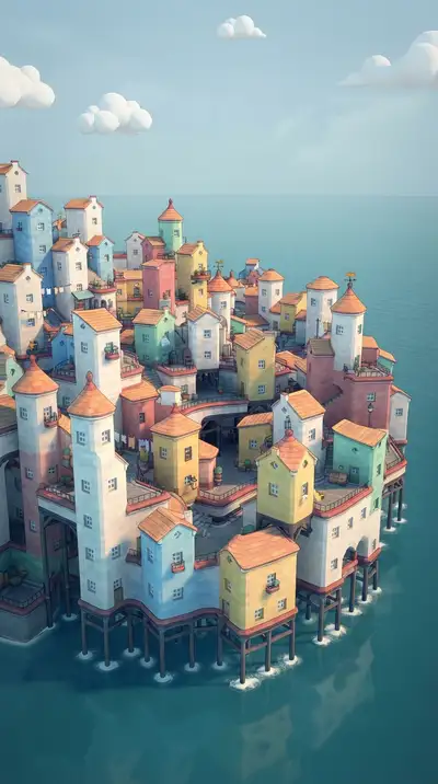Vintage digital illustration of Small Town in the Middle of the Ocean, optimized for large-format wall art printing at 300 DPI