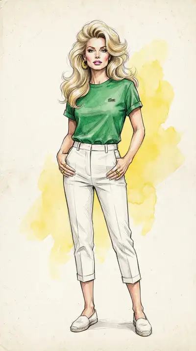 Vintage digital illustration of Woman in a Green Shirt and White Pants, optimized for large-format wall art printing at 300 DPI