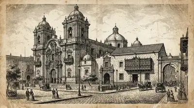 Vintage digital illustration of Monasterio San Francisco Catacumbas Lima, Peru, optimized for large-format wall art printing at 300 DPI