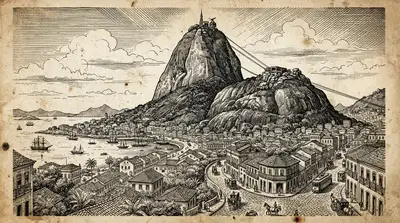 Vintage digital illustration of Pao de Acucar Rio de Janeiro, Brasil, optimized for large-format wall art printing at 300 DPI