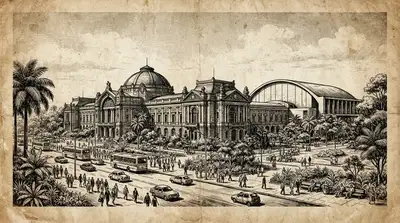 Vintage digital illustration of Parque Ibirapuera Sao Paulo, Brasil, optimized for large-format wall art printing at 300 DPI
