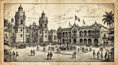 Vintage digital illustration of Plaza Mayor Lima, Peru, optimized for large-format wall art printing at 300 DPI