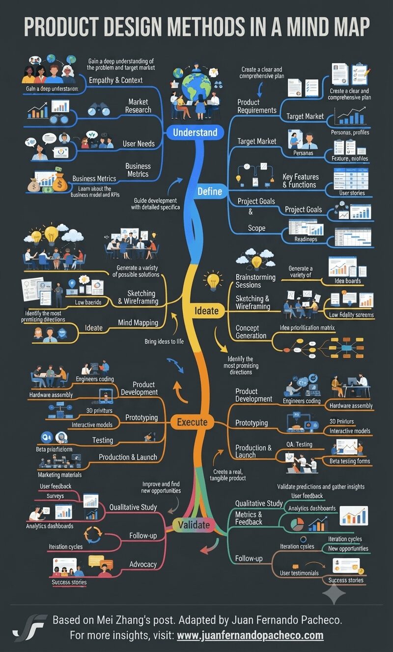 A detailed, vertically-oriented mind map infographic on a dark background, titled "Product Design Methods in a Mind Map," illustrating the five stages of the product design process: Understand, Define, Ideate, Execute, and Validate. Each section contains branches with icons and text describing specific methods like market research, prototyping, and usability testing, with a footer referencing adapted content and a URL for more insights.