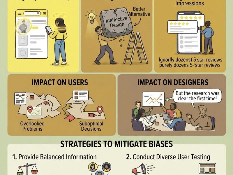 An illustrative infographic titled "WHAT ARE COGNITIVE BIASES: A UX Designer's Guide to Recognizing Mental Shortcuts." It is organized into sections on a light green background, using yellows, tans, and purples. It defines common biases (Confirmation, Sunk Cost, Availability Heuristic) with illustrations, shows their impact on users and designers, lists six mitigation strategies, and emphasizes the role of empathy, concluding with the URL www.juanfernandopacheco.com.