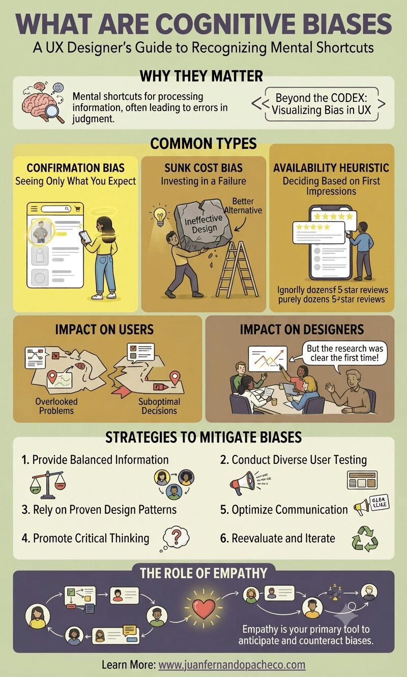 An illustrative infographic titled "WHAT ARE COGNITIVE BIASES: A UX Designer's Guide to Recognizing Mental Shortcuts." It is organized into sections on a light green background, using yellows, tans, and purples. It defines common biases (Confirmation, Sunk Cost, Availability Heuristic) with illustrations, shows their impact on users and designers, lists six mitigation strategies, and emphasizes the role of empathy, concluding with the URL www.juanfernandopacheco.com.