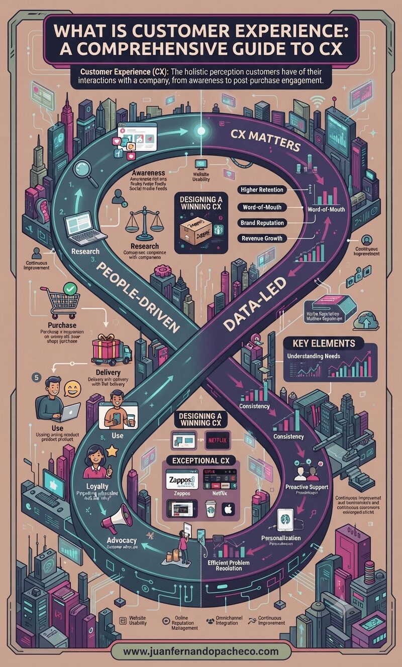 A detailed infographic illustrating the Customer Experience (CX) lifecycle, designed as a futuristic circuit board and cityscape. An infinity loop pathway guides the viewer through stages from "People-Driven" to "Data-Led." The image incorporates the text: "WHAT IS CUSTOMER EXPERIENCE: A COMPREHENSIVE GUIDE TO CX," definitions of CX, the stages of the customer journey, key elements, examples of exceptional CX (Zappos, Netflix), and branding for "www.juanfernandopacheco.com." The dominant color palette includes teal, purple, pink, and olive green against a peach-colored background.