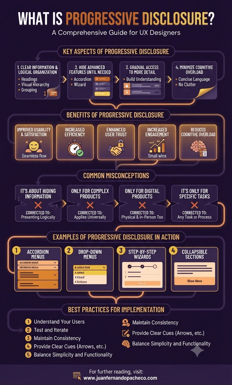 An intricate, vertically-oriented infographic titled "WHAT IS PROGRESSIVE DISCLOSURE? A Comprehensive Guide for UX Designers" set against a dark purple background. It is organized into flowing sections that detail key aspects, benefits, common misconceptions, practical examples (accordions, wizards), and best practices of progressive disclosure, complete with icons, UI illustrations, and the website URL "www.juanfernandopacheco.com" at the bottom.