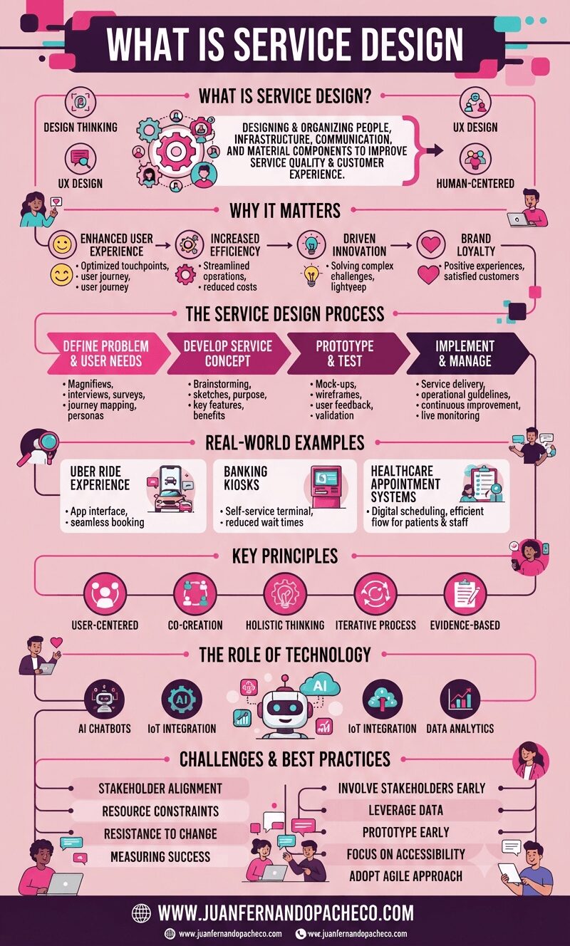 An infographic titled "What is Service Design" providing a comprehensive guide. The vertical layout uses a pink and purple color palette to illustrate definitions, core principles, the four-step process (Define, Develop, Prototype, Implement), real-world examples like Uber and banking kiosks, the role of technology, and challenges/best practices. Icons and small illustrations accompany each section, and the footer displays the URL www.juanfernandopacheco.com.