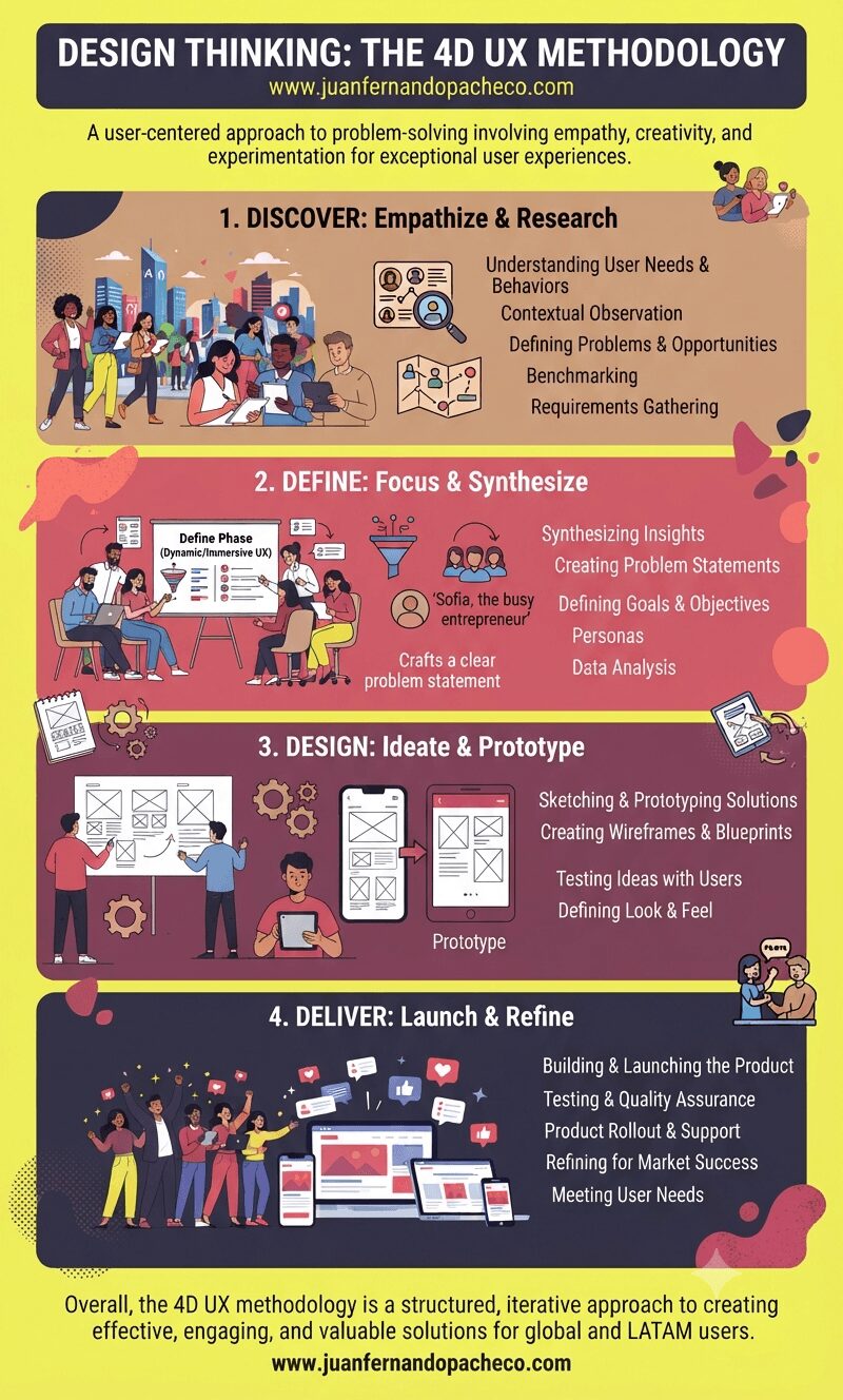 A vertical infographic illustrating the '4D UX methodology' based on Design Thinking. The design uses a yellow background with sections in dark purple, peach, and coral, featuring illustrations of teams and icons. From top to bottom, the sections are: 1. Discover (Empathize & Research), 2. Define (Focus & Synthesize), 3. Design (Ideate & Prototype), and 4. Deliver (Launch & Refine). Text includes key activities for each phase, such as understanding user needs, creating personas, sketching wireframes, and quality assurance. The footer and header include the URL www.juanfernandopacheco.com.