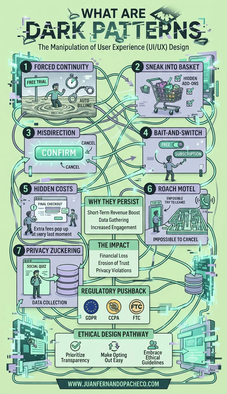 A detailed infographic titled "What are Dark Patterns" explaining manipulative UI/UX design techniques. It illustrates seven common examples: Forced Continuity, Sneak into Basket, Misdirection, Bait-and-Switch, Hidden Costs, Roach Motel, and Privacy Zuckering. Central sections outline why they persist and their impact on users, followed by regulatory pushback from GDPR, CCPA, and FTC. The footer promotes ethical design and lists the website www.juanfernandopacheco.com.