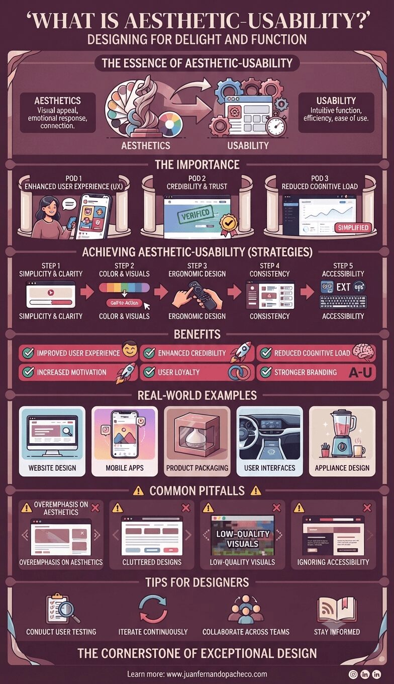 An infographic titled "WHAT IS AESTHETIC-USABILITY? DESIGNING FOR DELIGHT AND FUNCTION" on a deep plum background. It visually explains the concept through six main sections: The Essence, Importance, Achieving Strategies, Benefits, Real-World Examples, Common Pitfalls, and Tips. Illustrations include a balance scale for aesthetics and usability, user interface examples, step-by-step icons, and a footer referencing juanfernandopacheco.com.