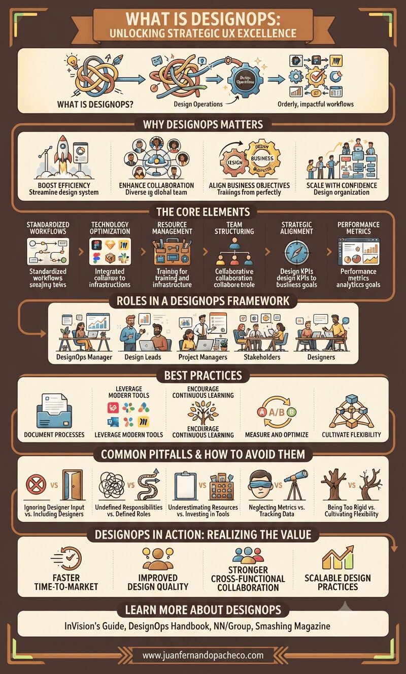 An infographic titled "WHAT IS DESIGNOPS: UNLOCKING STRATEGIC UX EXCELLENCE" with a brown background and cream-colored sections. It defines DesignOps and illustrates why it matters (efficiency, collaboration, alignment, scale), its core elements, key roles, best practices, pitfalls to avoid, the value it provides, and lists further resources, ending with the URL www.juanfernandopacheco.com.