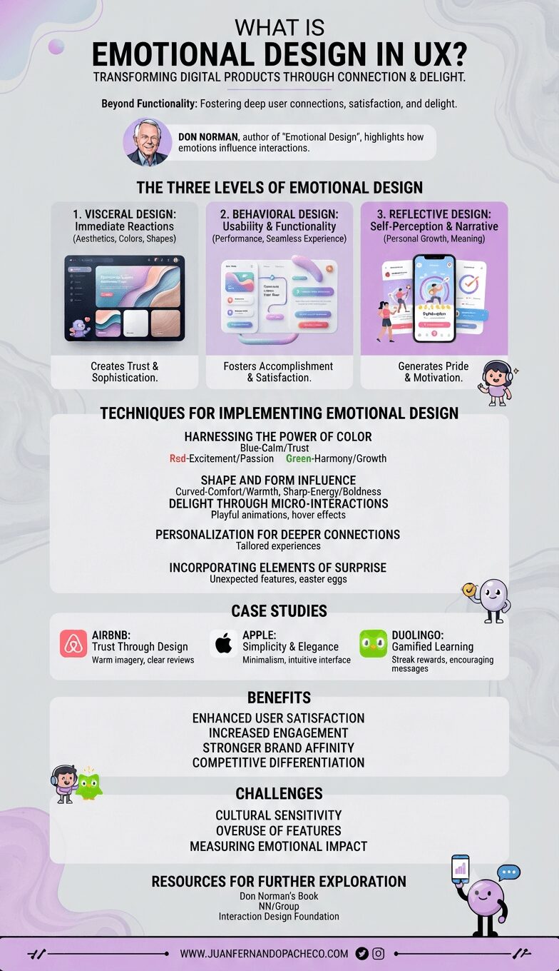 An infographic titled "What is Emotional Design in UX?" detailing Don Norman’s framework of Visceral, Behavioral, and Reflective Design. The image outlines techniques like using color psychology and micro-interactions, provides case studies of Airbnb, Apple, and Duolingo, and lists key benefits and challenges. It includes a footer with the website JuanFernandoPacheco.com.