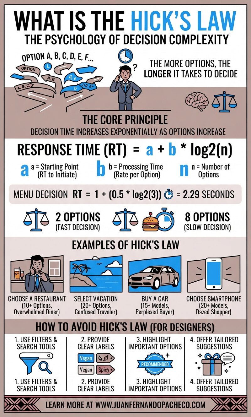 An infographic illustrating Hick's Law, showing that more options lead to longer decision times. It includes the mathematical formula (RT = a + b * log2(n)), a menu example resulting in 2.29 seconds, examples like choosing a restaurant or car, and four tips for designers to avoid decision overload.