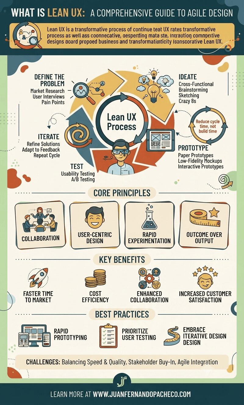 An infographic titled "What is Lean UX: A Comprehensive Guide to Agile Design" presented in a clean, illustrative style on a light green background. The central element is a circular flow diagram detailing the Lean UX Process: Define the Problem, Ideate, Prototype, Test, and Iterate. Additional sections outline Core Principles (Collaboration, User-Centric Design, Rapid Experimentation, Outcome Over Output), Key Benefits, Best Practices, and Challenges, with illustrative icons for each point. A footer includes the website "WWW.JUANFERNANDOPACHECO.COM".