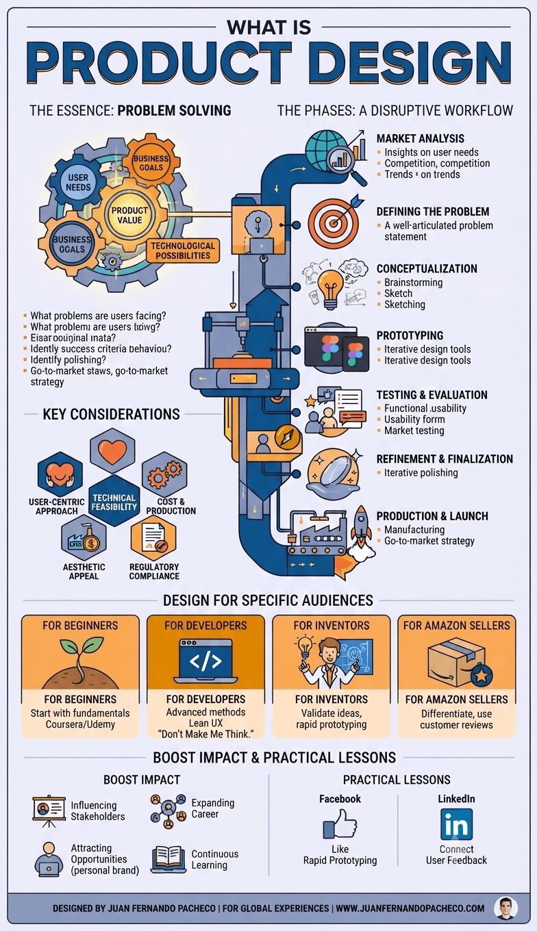 A tall, professional infographic titled "What is Product Design" against a light lavender background. It visualizes the product design journey through a central mechanical gear and industrial assembly line graphic, transitioning through seven phases: Market Analysis, Defining the Problem, Conceptualization, Prototyping, Testing, Refinement, and Production. Below this, sections detail Key Considerations, customized advice for Beginners, Developers, Inventors, and Amazon Sellers, and a summary of strategies to boost impact with practical examples from Facebook and LinkedIn. The footer includes branding and the URL: www.juanfernandopacheco.com.