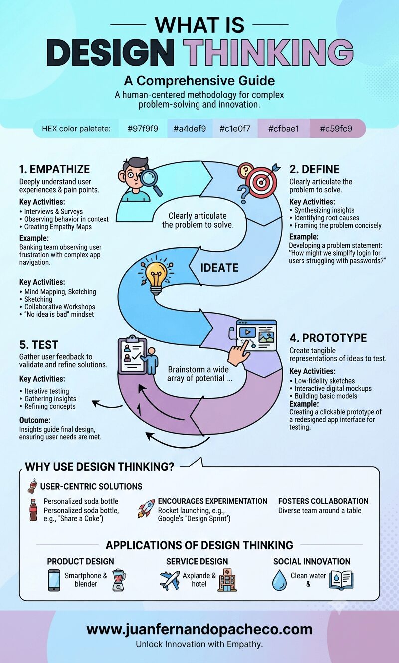 An infographic titled "WHAT IS DESIGN THINKING" on a light blue background, illustrating a five-stage process: Empathize, Define, Ideate, Prototype, and Test. Each stage has an icon, description, and key activities, highlighting its iterative nature for problem-solving. The infographic concludes with "WHY USE DESIGN THINKING?" and "APPLICATIONS," prominently featuring the URL www.juanfernandopacheco.com.