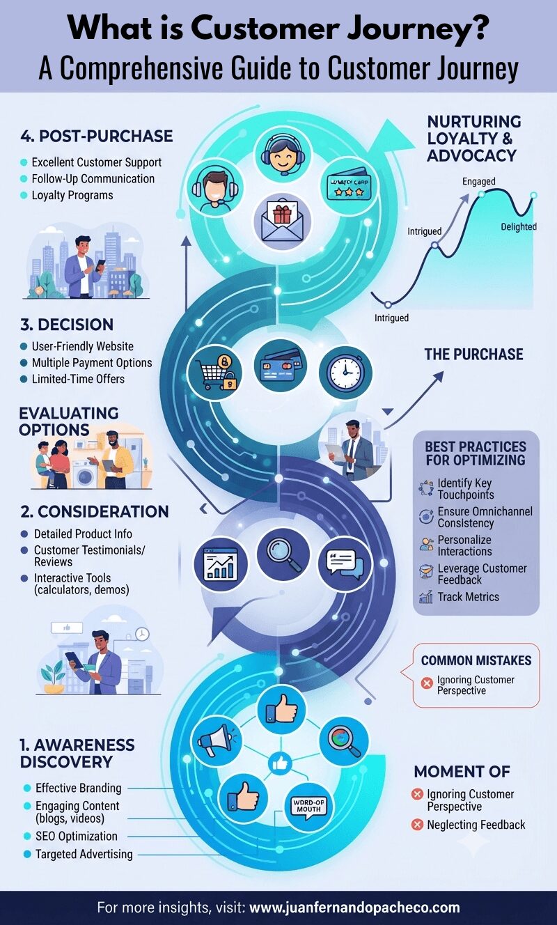 A comprehensive vertical infographic titled "The Ascending Customer Journey: A Comprehensive Guide," detailing four stages: Awareness, Consideration, Decision, and Post-Purchase. The design uses a flowing, interconnected path with icons, character illustrations, and text lists for each stage. It includes side panels on "Best Practices for Optimizing," "Common Mistakes," and a customer emotion curve. The background is light blue with darker blue and teal graphics and a footer referencing "www.juanfernandopacheco.com."