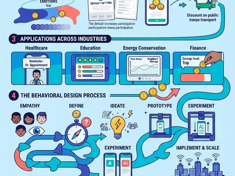 A comprehensive vertical infographic illustrating the concept of behavioral design. It covers the science behind it (biases, emotions, norms), key principles (choice architecture, incentives), applications in industries like healthcare and finance, the design process stages (empathy, define, ideate, prototype, experiment, implement), the role of technology, and ethical considerations.
