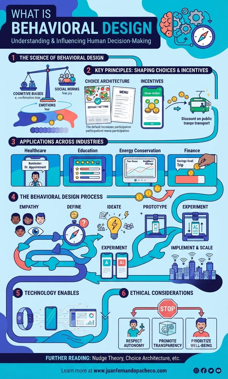 A comprehensive vertical infographic illustrating the concept of behavioral design. It covers the science behind it (biases, emotions, norms), key principles (choice architecture, incentives), applications in industries like healthcare and finance, the design process stages (empathy, define, ideate, prototype, experiment, implement), the role of technology, and ethical considerations.