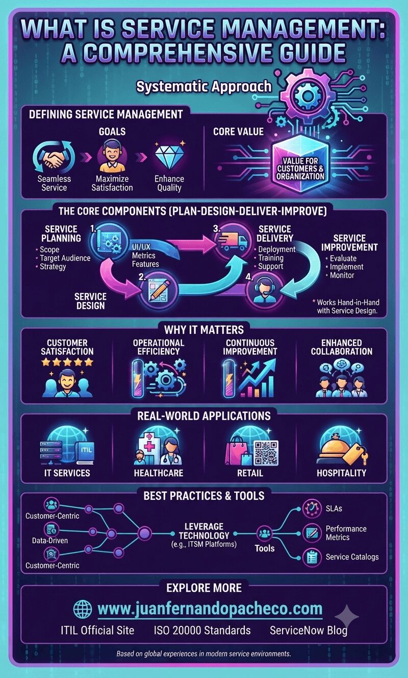 An intricate, vertical infographic titled "WHAT IS SERVICE MANAGEMENT: A COMPREHENSIVE GUIDE" with a systematic approach, organized into distinct modules: Defining Service Management (Goals, Core Value), The Core Components (Plan, Design, Deliver, Improve), Why It Matters, Real-World Applications, Best Practices & Tools, and an "Explore More" section with the URL "www.juanfernandopacheco.com". The design uses a vibrant, neon-tech aesthetic with a color palette of purples, blues, and magentas against a teal background.