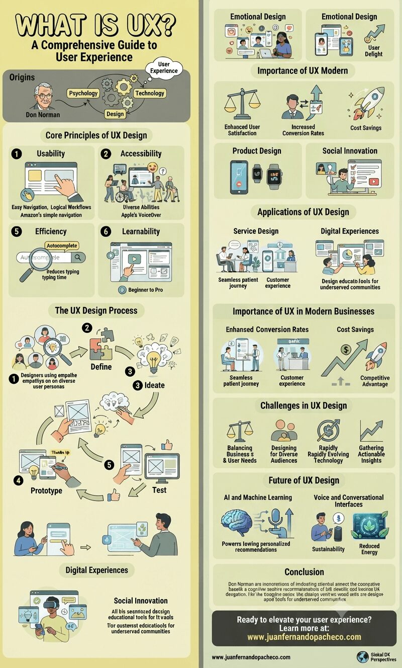 An extensive vertical infographic titled "What is UX? A Comprehensive Guide to User Experience." It is organized into sections with illustrations and text: Origins (Don Norman), Core Principles (Usability, Accessibility, Emotional Design, Feedback, Efficiency, Learnability), The UX Design Process (Empathize, Define, Ideate, Prototype, Test), Applications (Product, Service, Digital Experiences, Social Innovation), Importance, Challenges, Future Trends (AI, Voice, Sustainability, Immersive), and a Conclusion with a call to action for www.juanfernandopacheco.com.