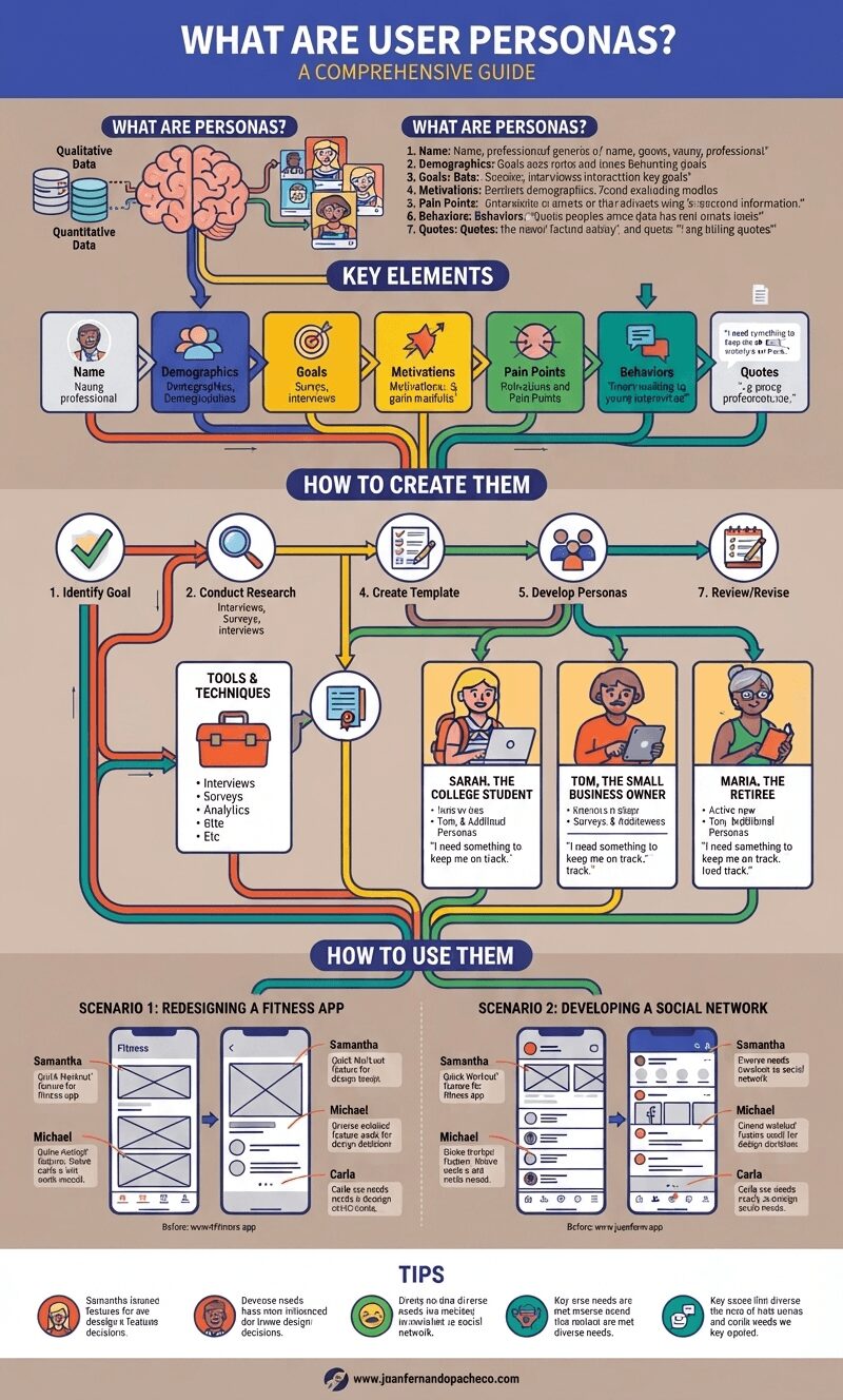 A detailed infographic titled "WHAT ARE USER PERSONAS? A COMPREHENSIVE GUIDE," set against a muted, earthy background. The image is a flowchart and structured text guide that explains user personas. It features sections for "What are Personas?" with a brain icon and data inputs, "Key Elements" with seven categorized steps, "How to Create Them" with a seven-step process, "Tools & Techniques," and "How to Use Them" with two detailed scenarios (Redesigning a Fitness App, Developing a Social Network). It concludes with "Tips." The infographic includes illustrative portraits of Sarah, Tom, and Maria, and app wireframe examples. The URL www.juanfernandopacheco.com is at the bottom.
