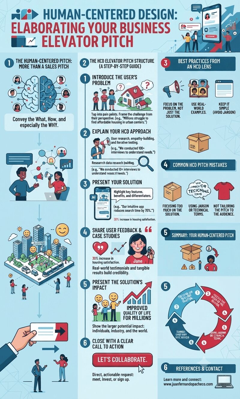 An infographic titled "Human-Centered Design: Elaborating Your Business Elevator Pitch," presented in a vertical, six-step guide format on a light blue background. The infographic details the process of creating a pitch from an HCD perspective, using illustrations of diverse people, cityscapes, brain maps, and app mockups. It includes sections on understanding the user's problem, explaining the HCD approach, presenting the solution, sharing user feedback, showing impact, and a call to action, along with common mistakes and best practices.
